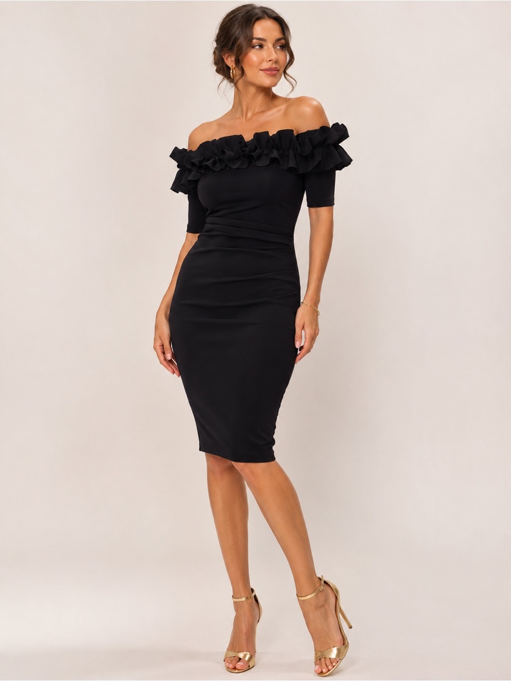 Xscape Black Off-Shoulder Ruffle Midi Dress